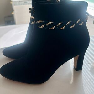 Karl Lagerfeld Black Heeled Boots with Gold Chain Accent